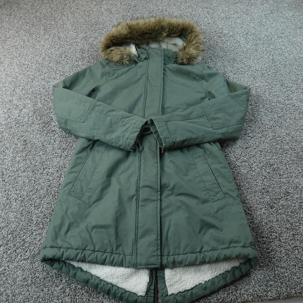 Gap Jacket Womens S Green Sherpa Army Military Fishtail Parka Faux Fur Hood Coat